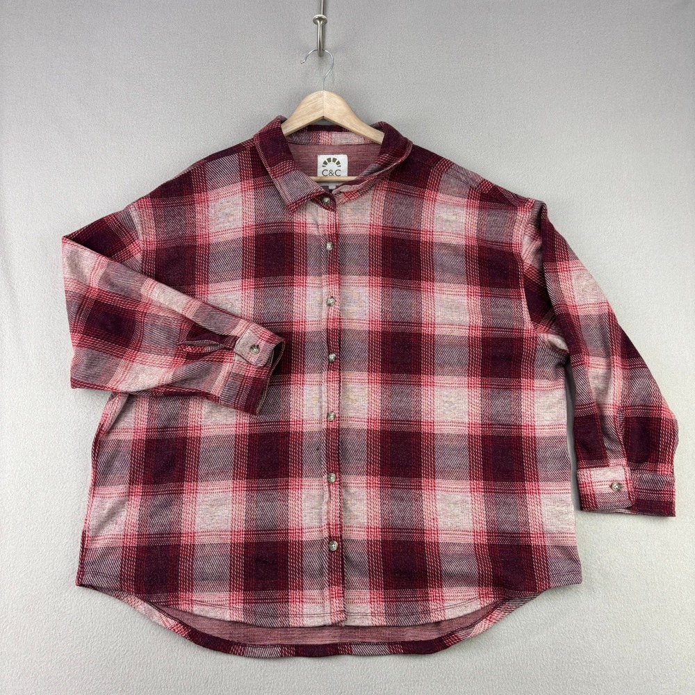 C&C California Plaid Button Down Shirt Women XL Red Casual Long Sleeve Flannel